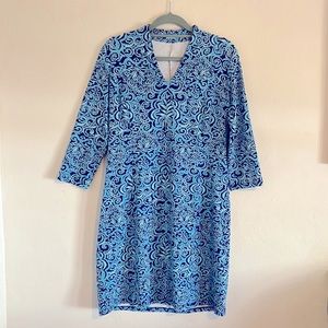 J Mclaughlin Blue Printed Catalina Cloth Dress Large V-Neck